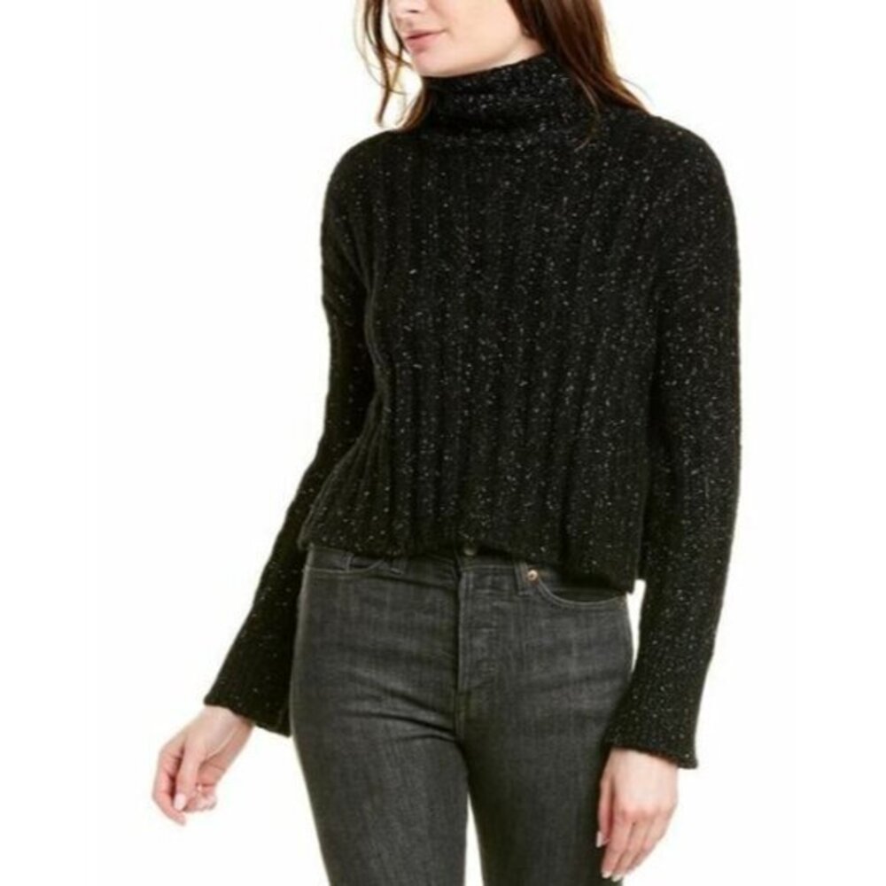 Pam & Gela Sweater Side Slit Turtleneck Black Wool Blend Metallic SZ S New $345